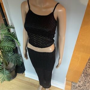 Black Crochet Two-Piece Skirt Set Vtg 90s Whimsigoth